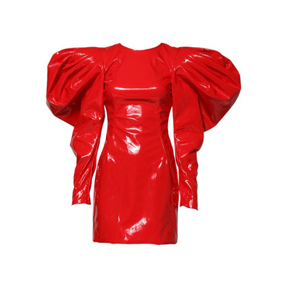 Dolce & Gabbana Red Patent Leather Puff Sleeves Mini Dress