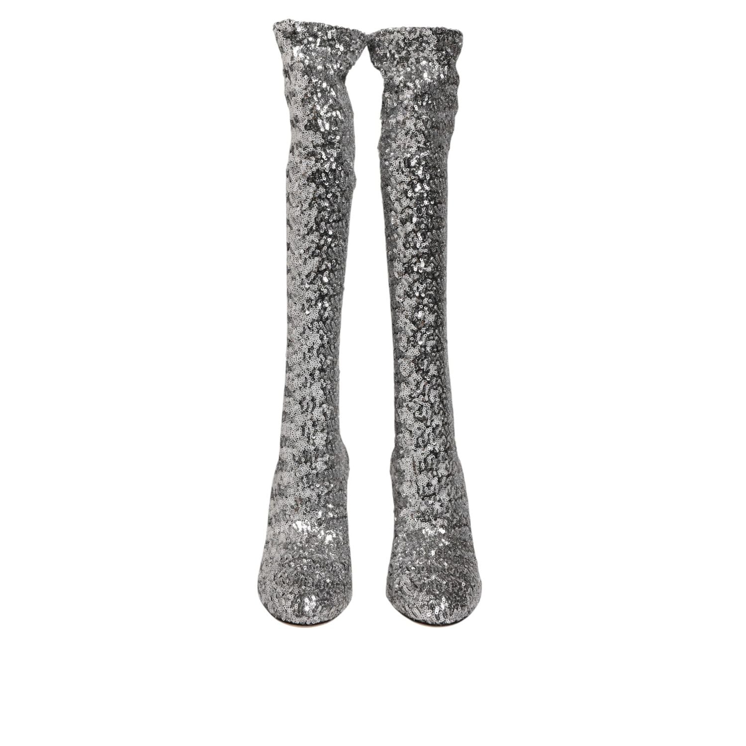 Dolce & Gabbana Shoes Silver Sequins Glitter High Heel Boot Shoes