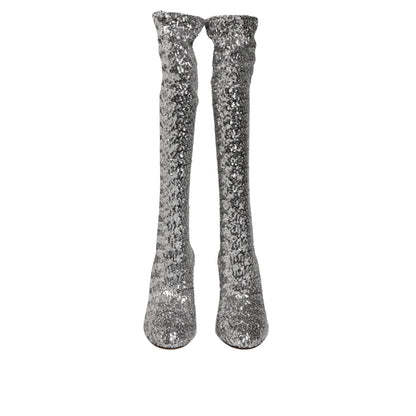 Dolce & Gabbana Shoes Silver Sequins Glitter High Heel Boot Shoes
