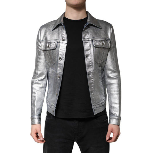 Dolce & Gabbana Silver Cotton Button Down Denim Biker Jacket Dolce & Gabbana