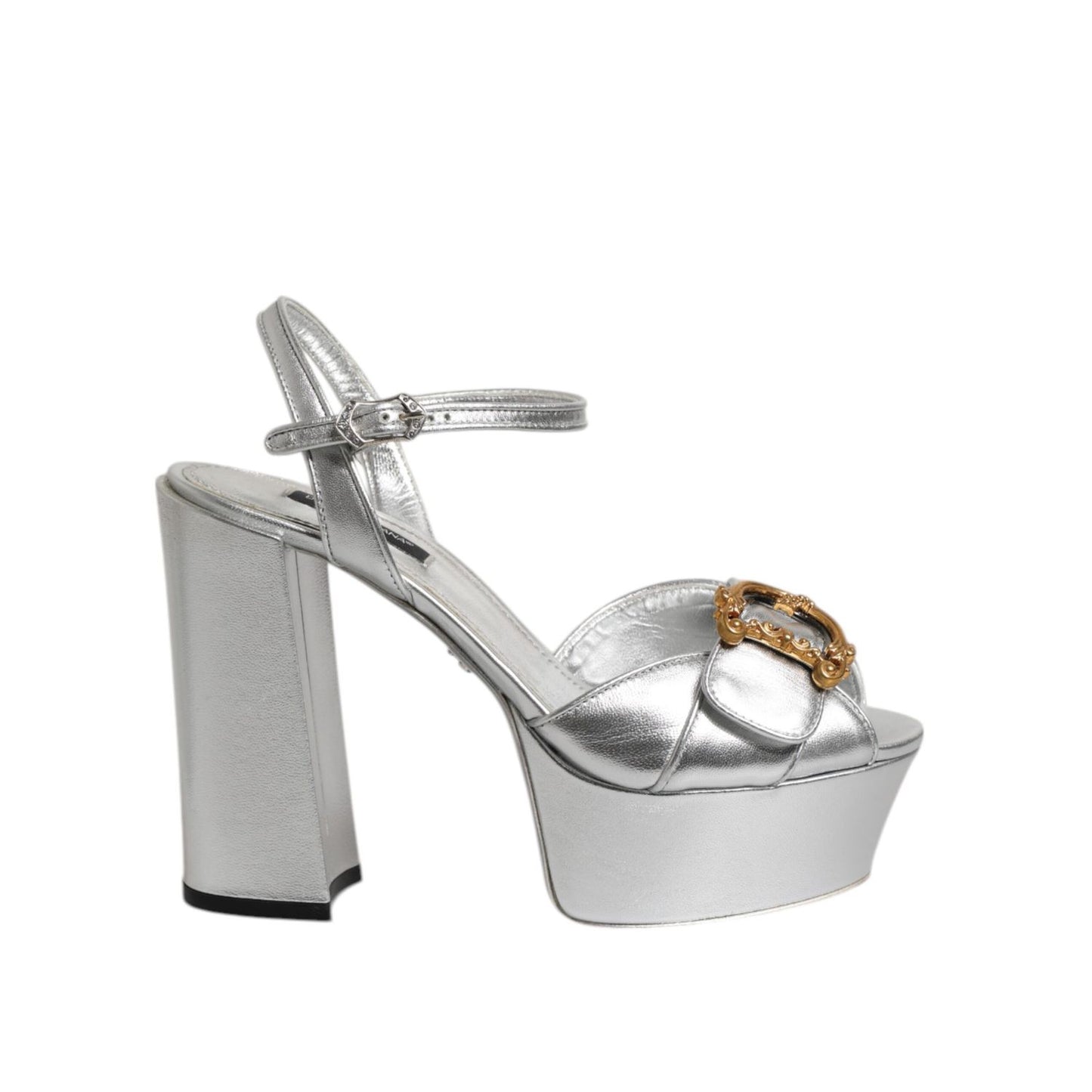 Dolce & Gabbana Silver Logo Ankle Strap Heels Sandals Shoes