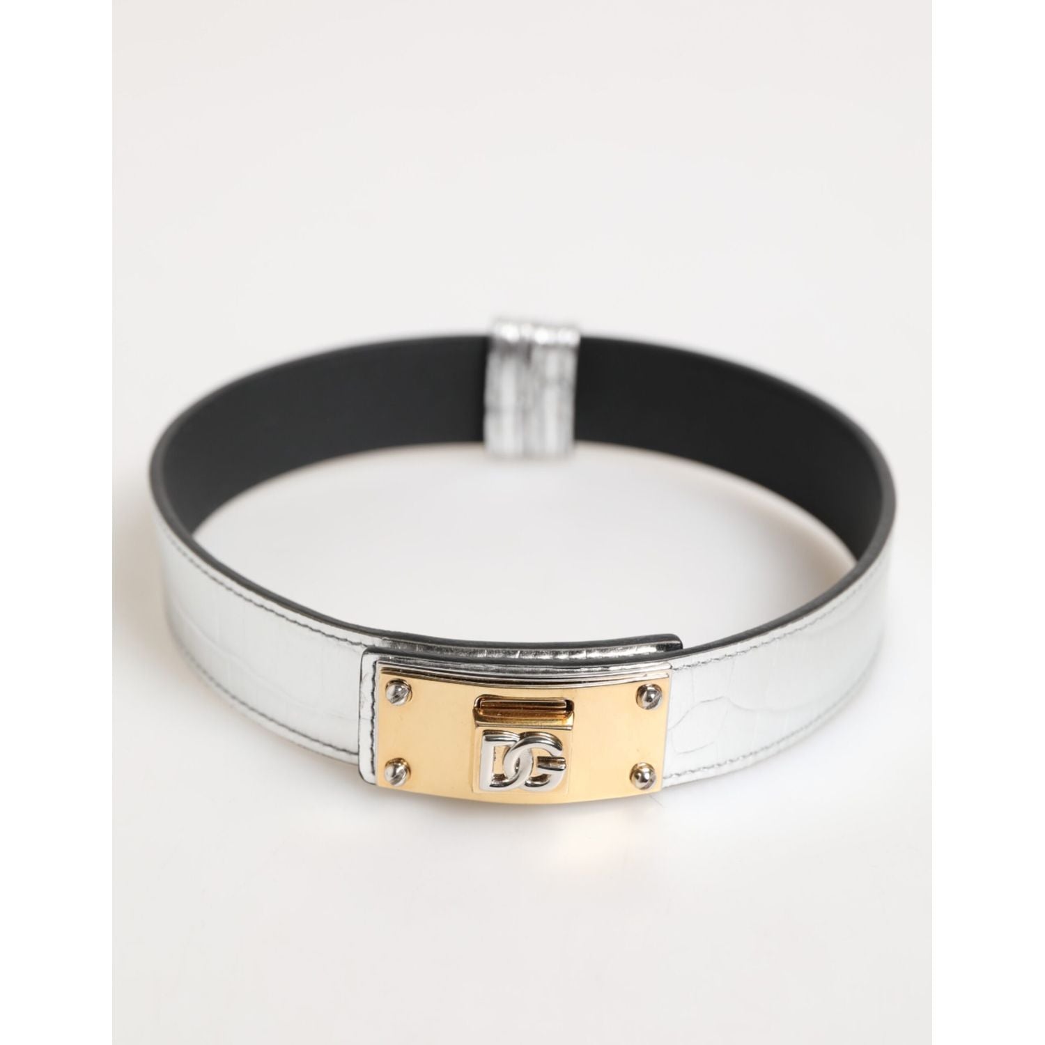 Dolce & Gabbana Silver Textured Leather Gold Tone Metal Neckband
