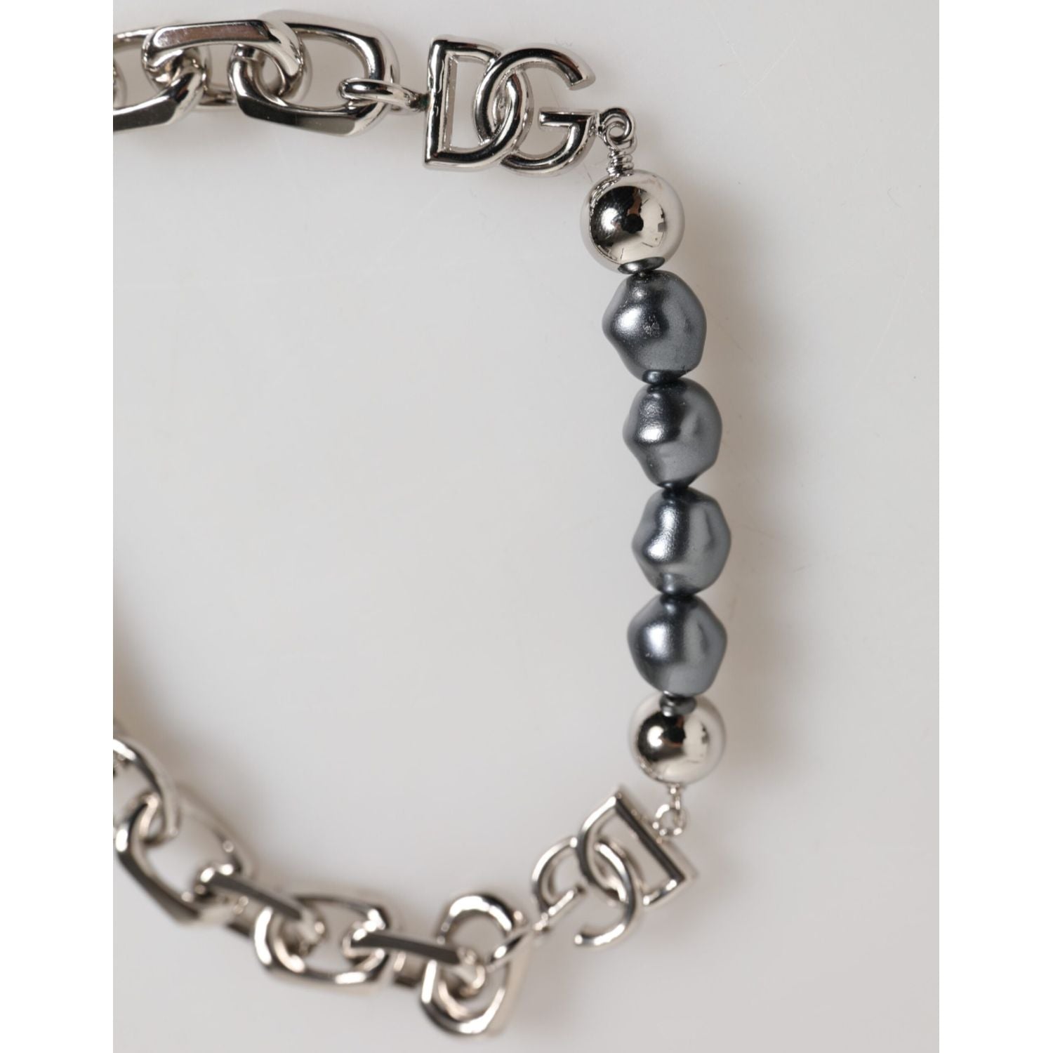 Dolce & Gabbana Silver Tone Chain Lobster Clasp Logo Gray Pearls Bracelet