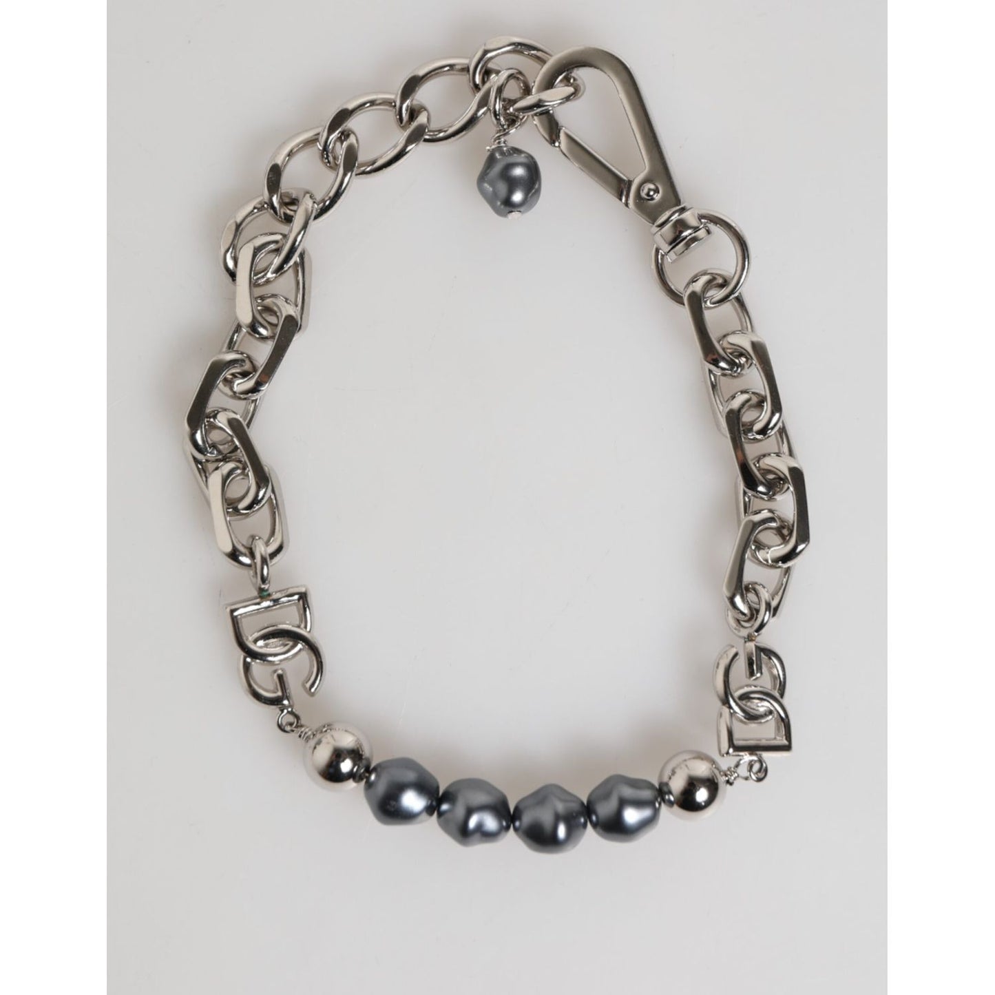 Dolce & Gabbana Silver Tone Chain Lobster Clasp Logo Gray Pearls Bracelet