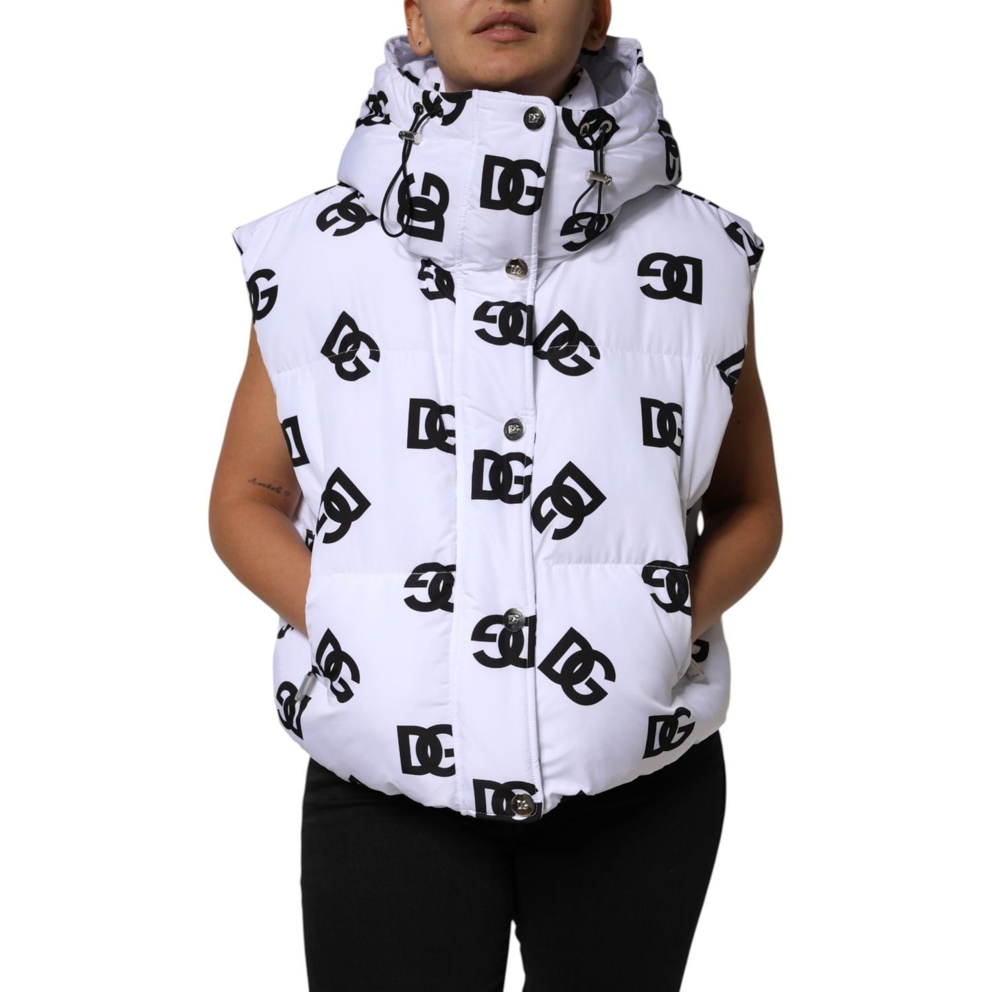 Dolce & Gabbana White Black DG Mania Polyester Puffer Jacket