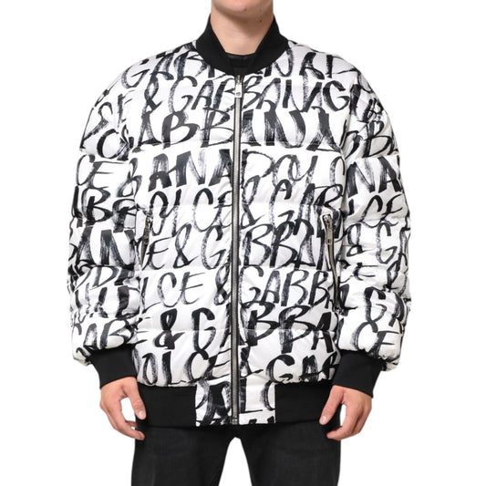 Dolce & Gabbana White Black Graffiti Logo Puffer Bomber Jacket Dolce & Gabbana