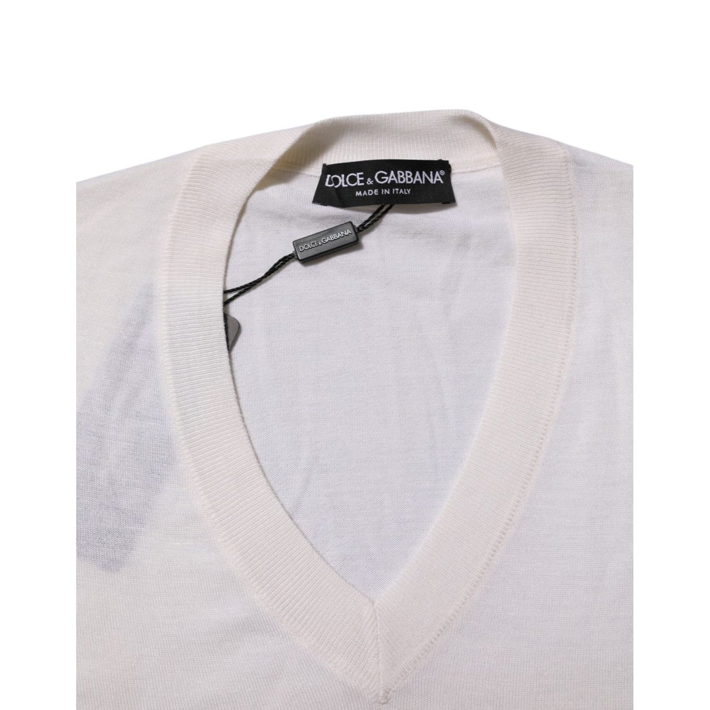 Dolce & Gabbana White Cashmere Logo V-neck Pullover Sweater