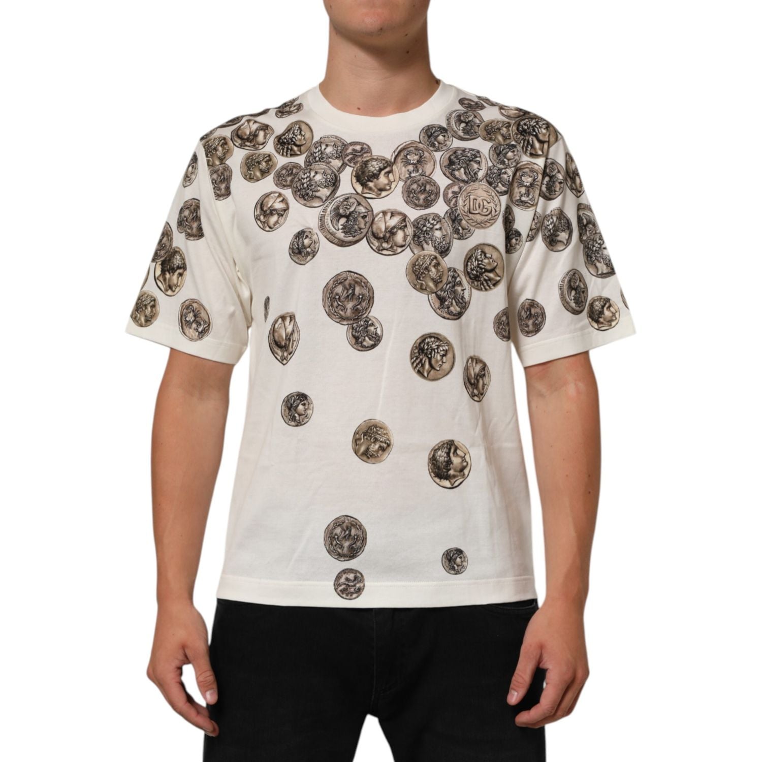 Dolce & Gabbana White Coin Print Cotton Crew Neck Men T-shirt