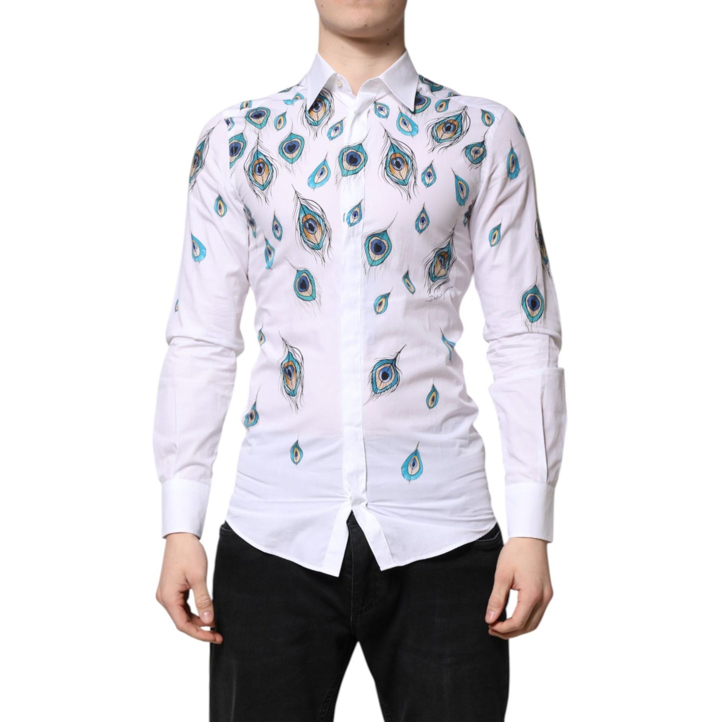 Dolce & Gabbana White Cotton Feather Print GOLD Dress Shirt