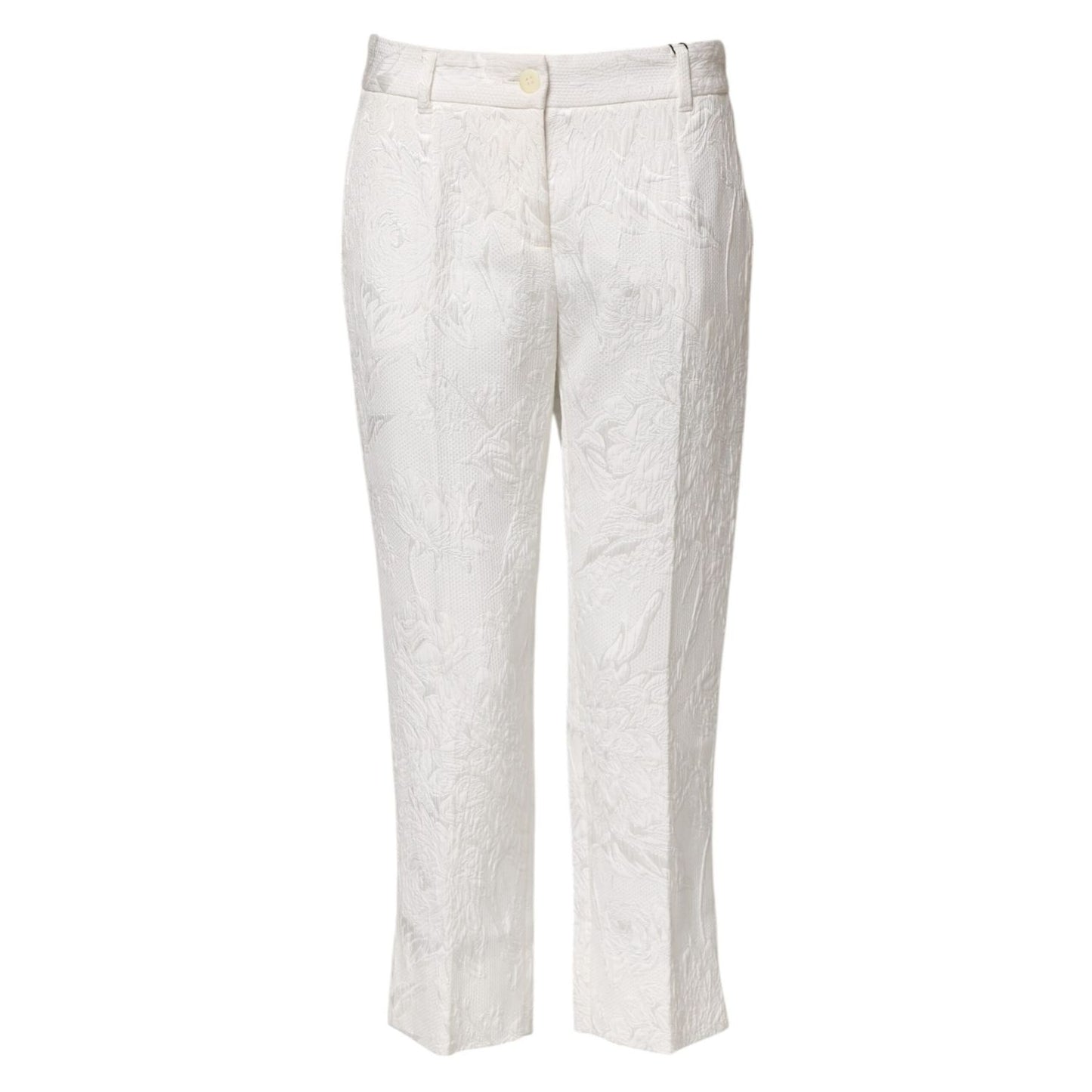 Dolce & Gabbana White Cotton Floral Jacquard Pants