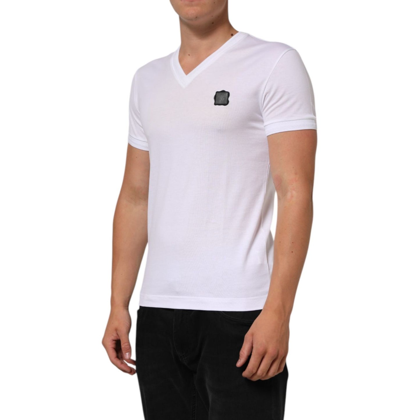 Dolce & Gabbana White Cotton Logo Patch V-neck Tee T-shirt