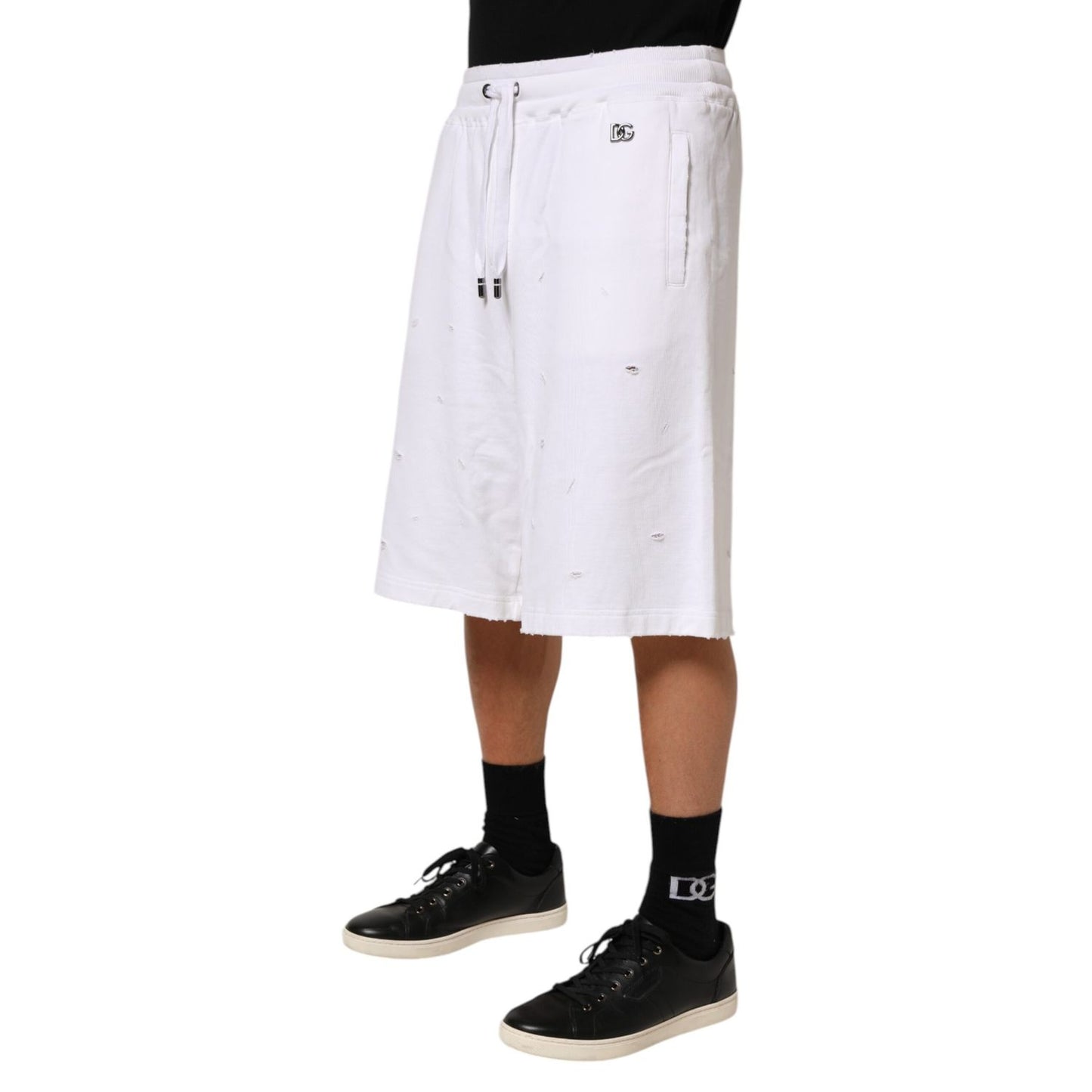 Dolce & Gabbana White Cotton Ripped Bermuda Sweatpants Shorts
