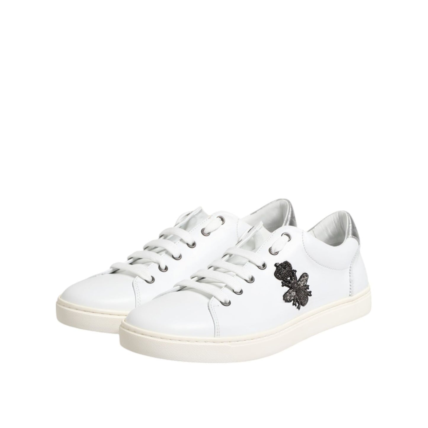 Dolce & Gabbana White Crown Bee Leather Low Top Sneakers Shoes