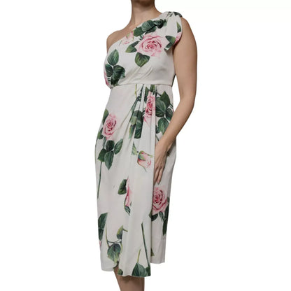 Dolce & Gabbana White Floral Silk One Shoulder Midi Dress