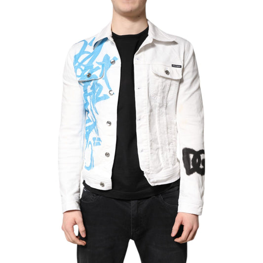 Dolce & Gabbana White Graffiti Cotton Stretch Denim Jacket Dolce & Gabbana