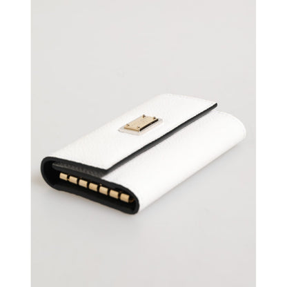 Dolce & Gabbana White Leather Card Case Holder Wallet Gold Logo Plate Key Holder