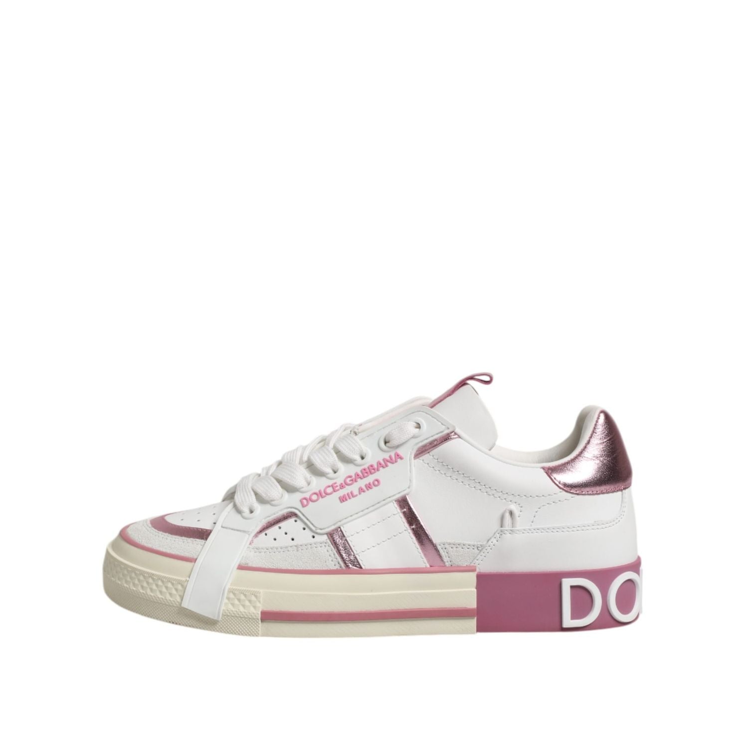 Dolce & Gabbana White Pink Leather Low Top Sneakers Shoes