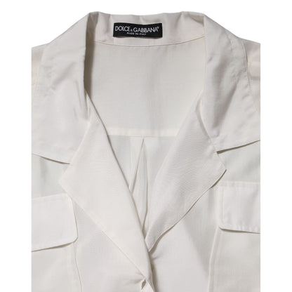 Dolce & Gabbana White Silk Collared 3/4 Sleeves Blouse Top
