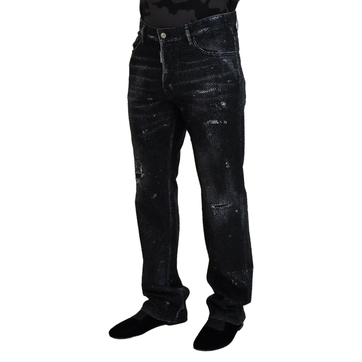 Dsquared² Black Crystal Embellished Tattered Denim Jeans Dsquared²