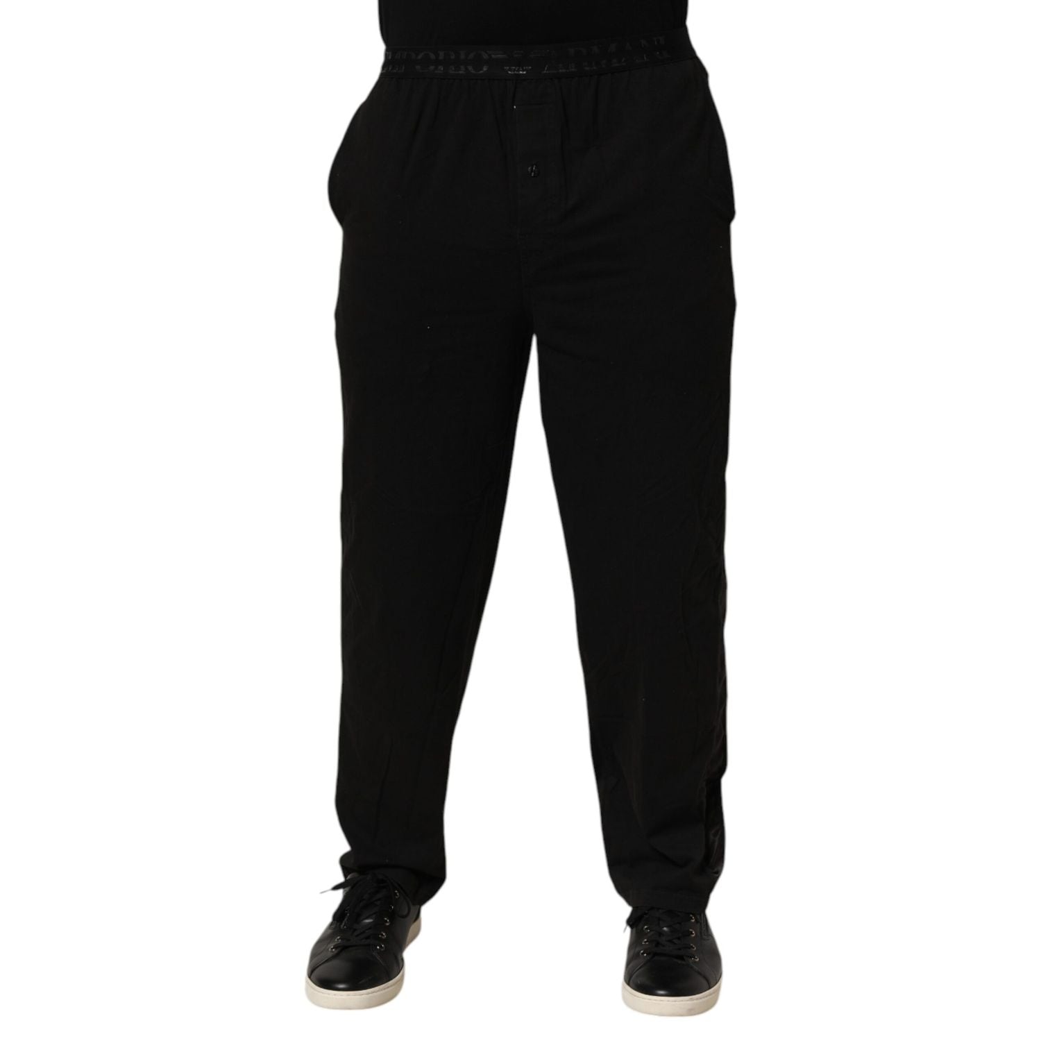 Emporio Armani Black Cotton Blend Logo Waistband Trouser Pants