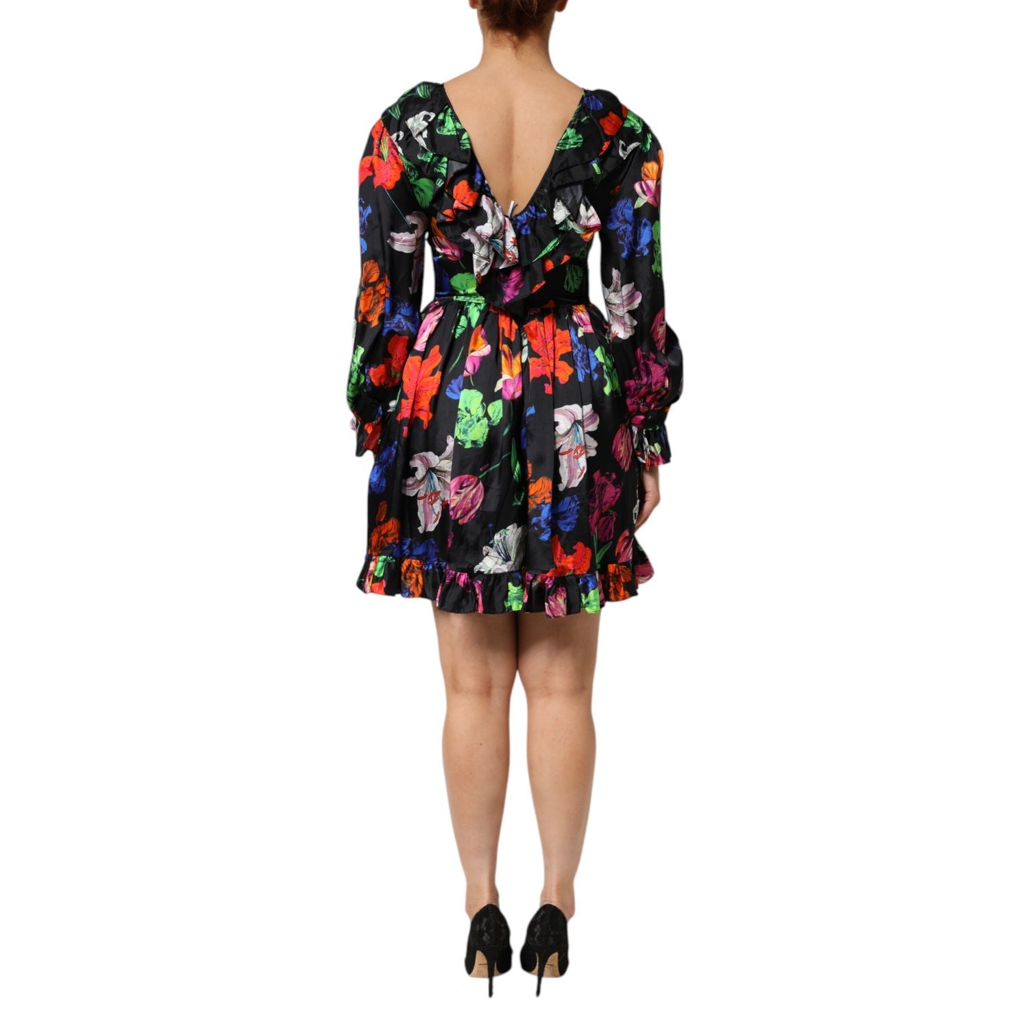 MSGM Dress Black Multicolor Floral Ruffle Long Sleeve Mini Dress