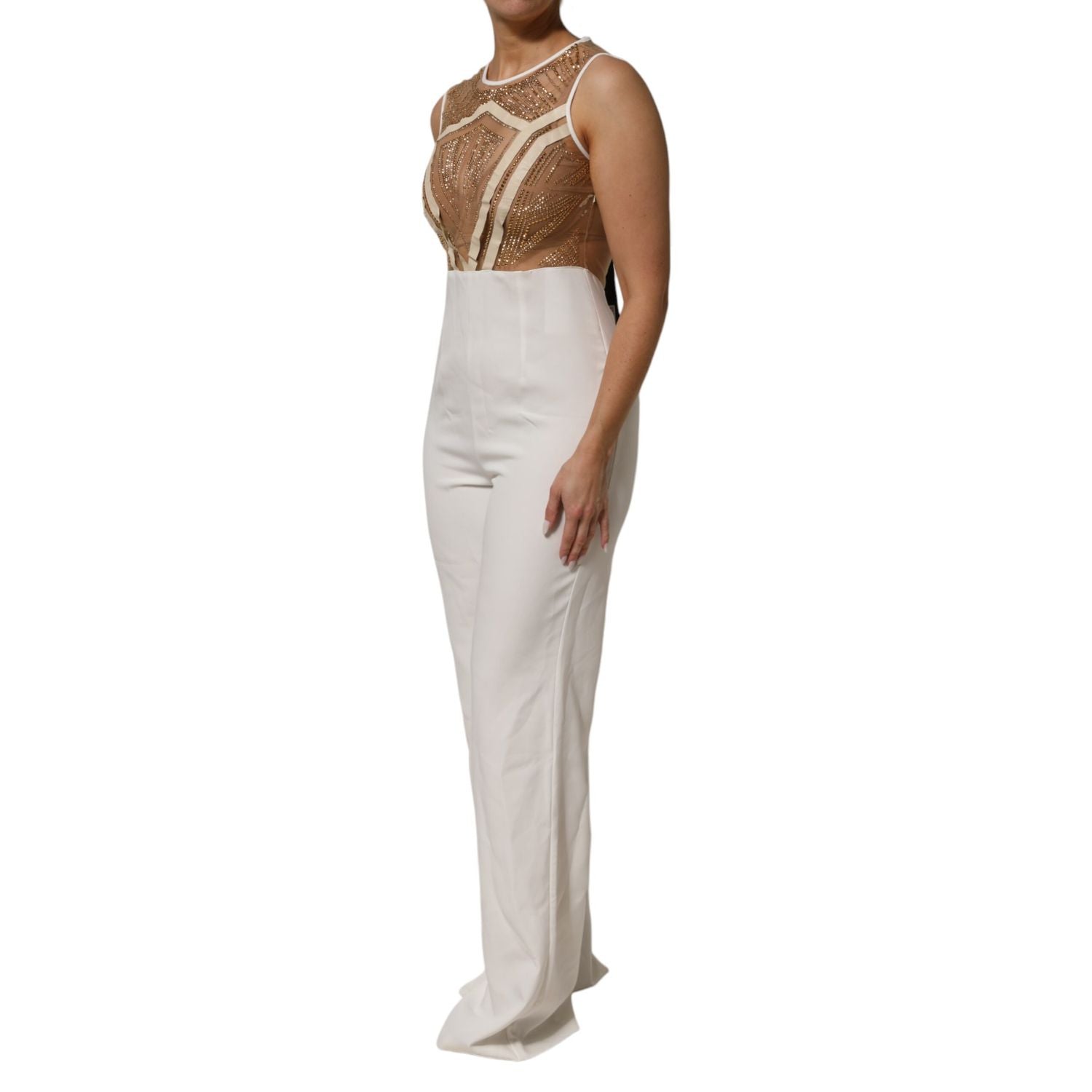 Mangano White Beige Mesh Crystal Embellished Sleeveless Jumpsuit