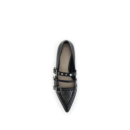 PINKO Black Calf Leather Bos Taurus Ballet Flats