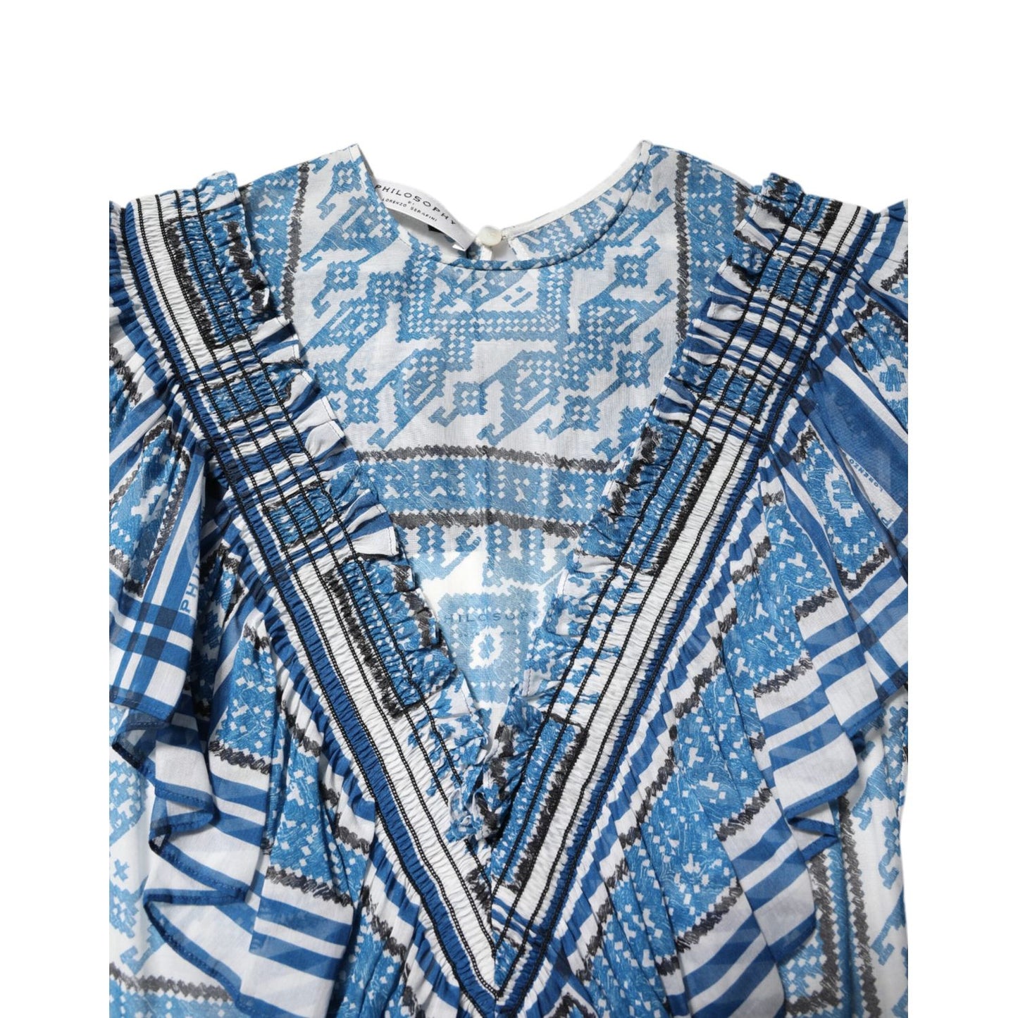 Philosophy di Lorenzo Serafini Blue Patterned Layered Short Sleeves Mini Dress