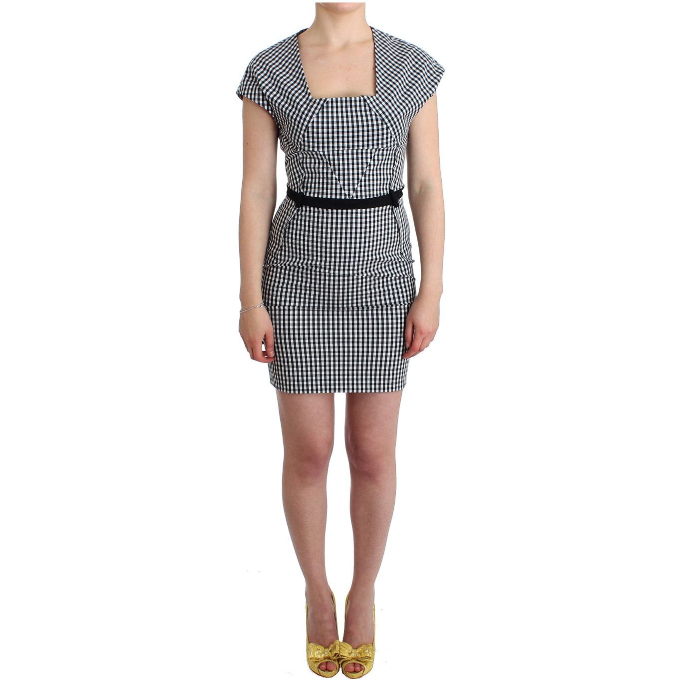 GF Ferre | Black White Checkered Belted Sheath Dress | McRichard Designer Brands