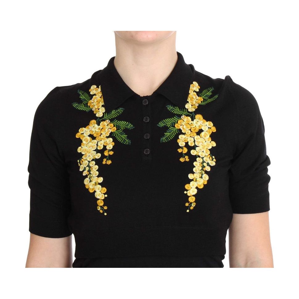 Dolce & Gabbana | Black Silk Floral Embroidered Polo Top | McRichard Designer Brands