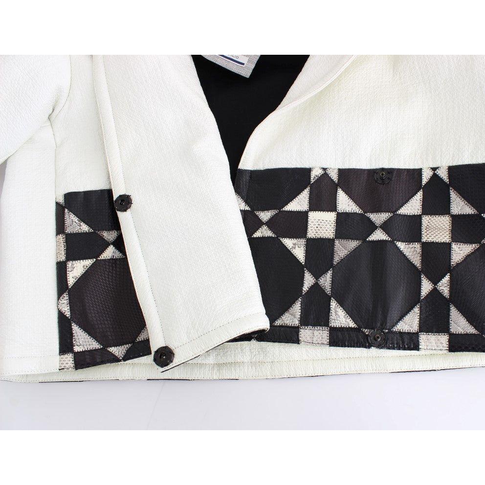 Andrea Pompilio | White Black Cropped Leather Jacket | McRichard Designer Brands