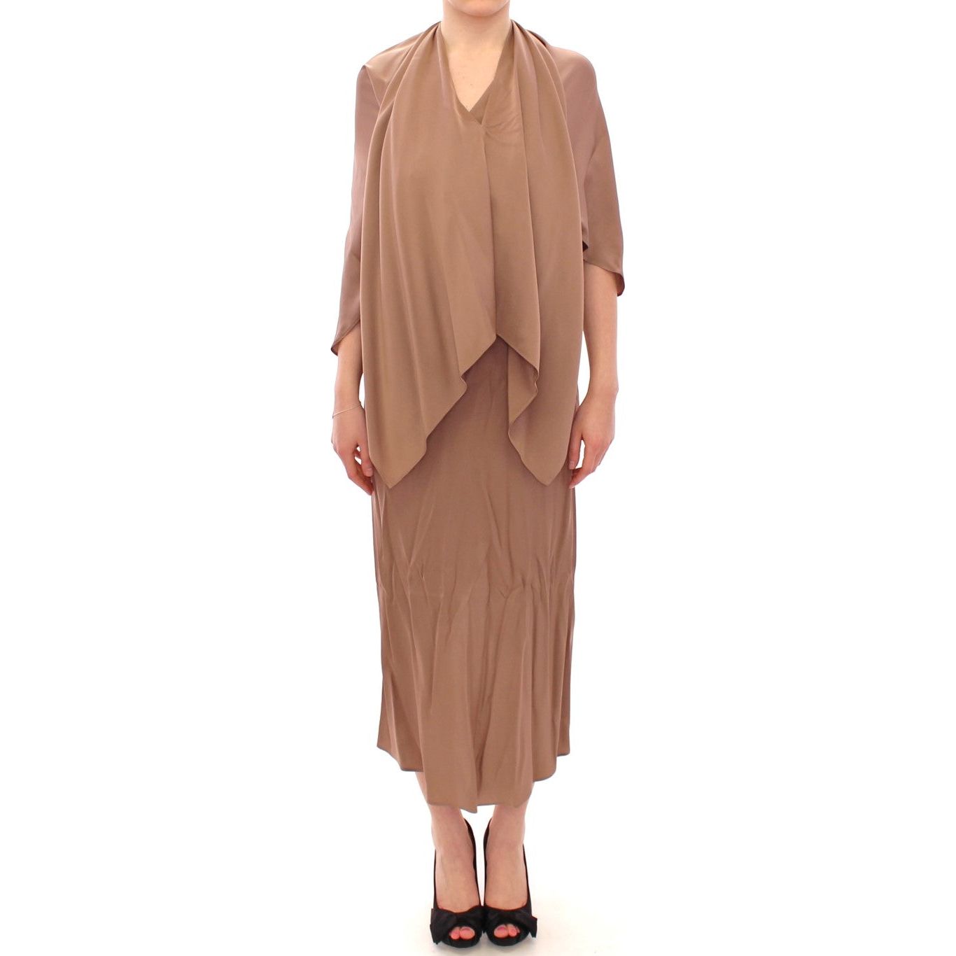 Lamberto Petri | Brown Draped Silk Sheath Shift Coctail Dress | McRichard Designer Brands