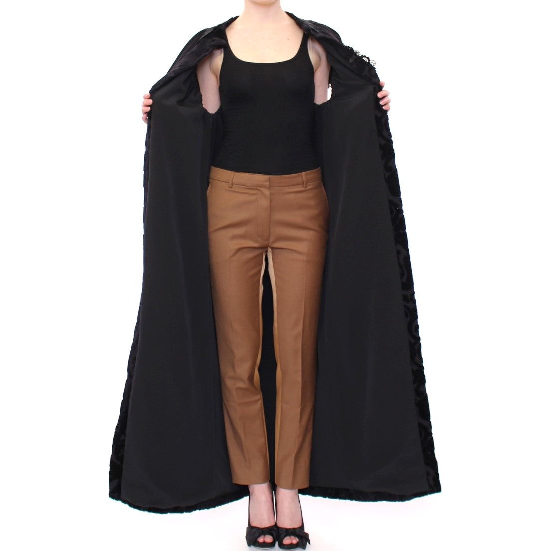 NOEMI ALEMÁN | Black Cotton Brocade Long Cape Coat Jacket | McRichard Designer Brands