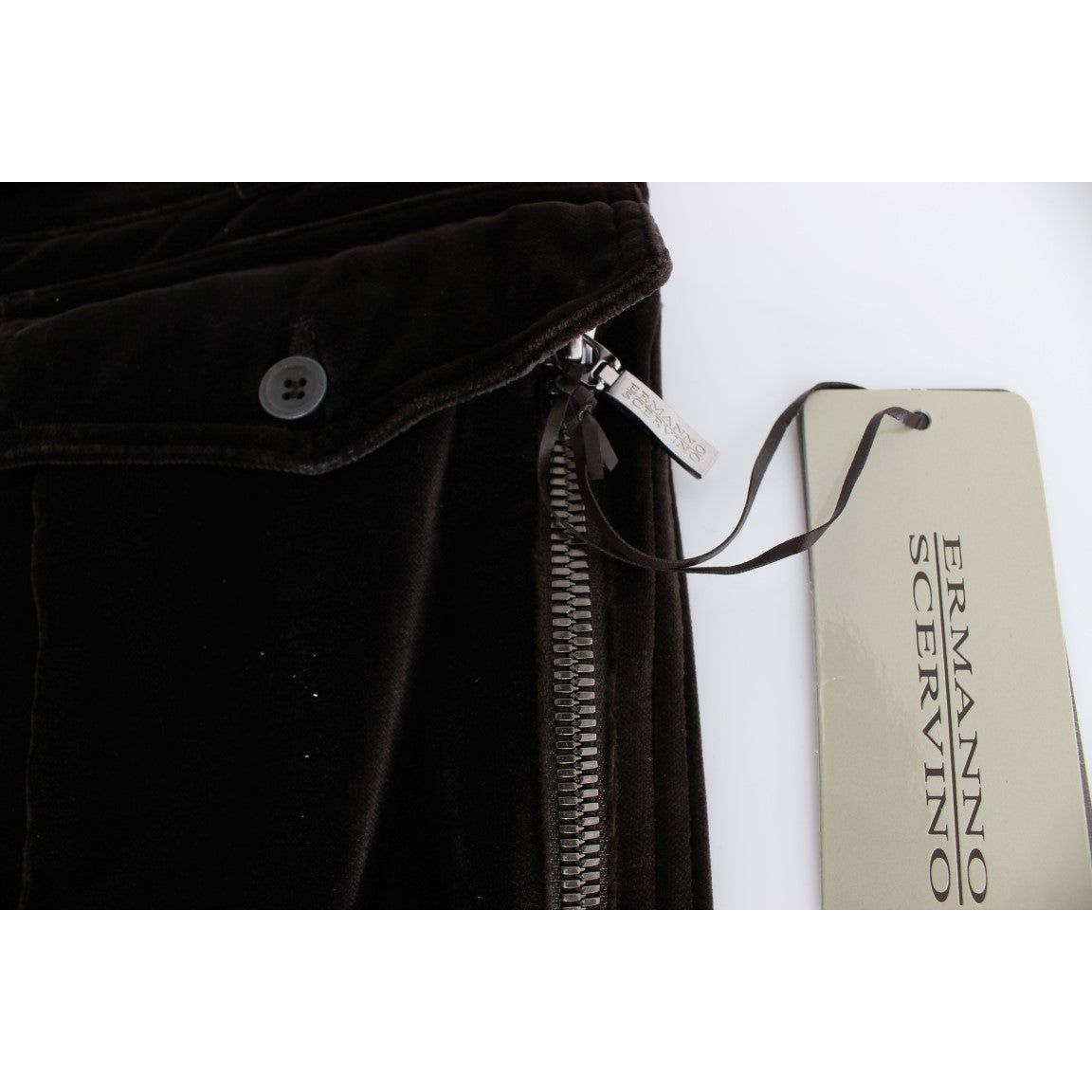 Ermanno Scervino | Brown Cotton Velvet Zippers Slim Fit Pants | McRichard Designer Brands