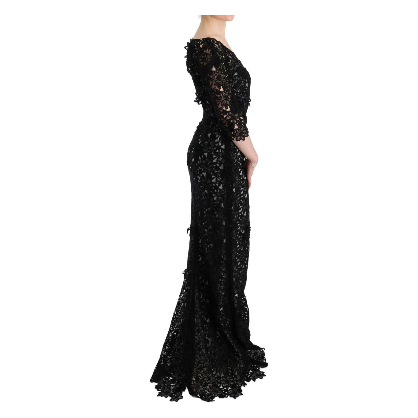 Dolce & Gabbana | Black Cotton Silk Floral Long Dress | McRichard Designer Brands