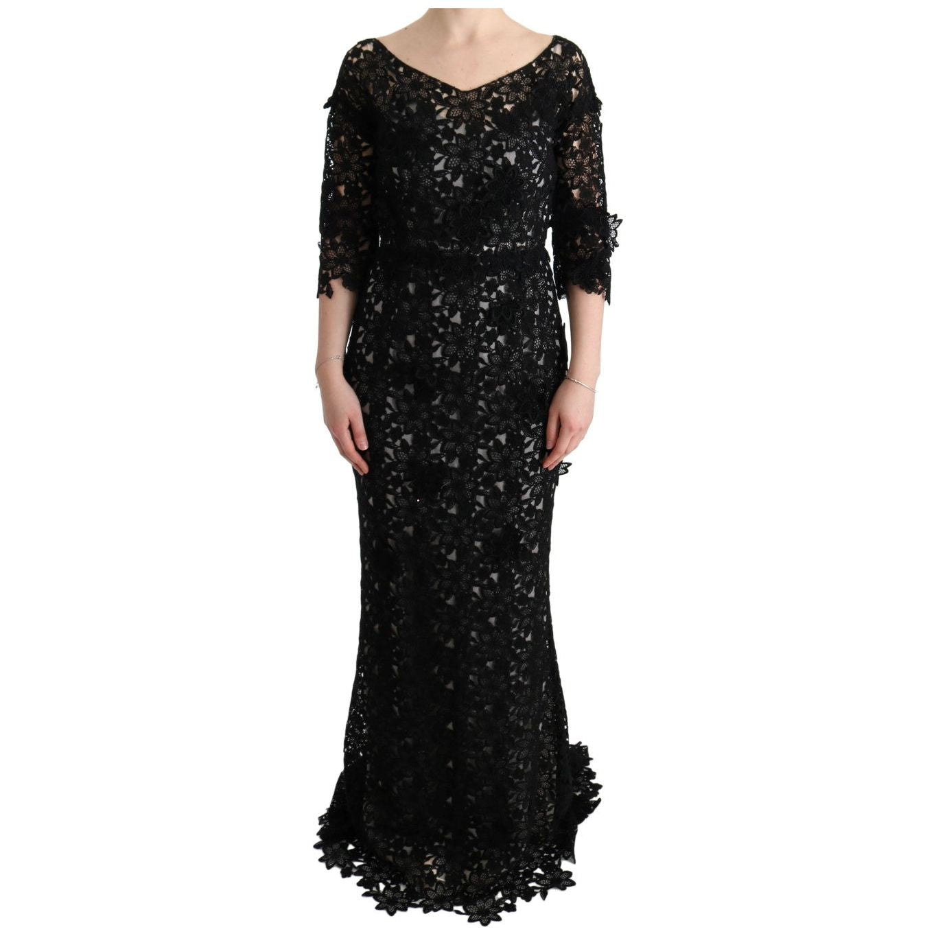Dolce & Gabbana | Black Cotton Silk Floral Long Dress | McRichard Designer Brands