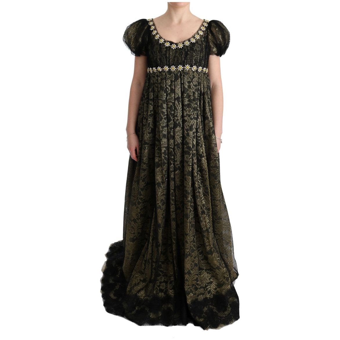 Dolce & Gabbana | Black Yellow Crystal Lace Shift Dress | McRichard Designer Brands