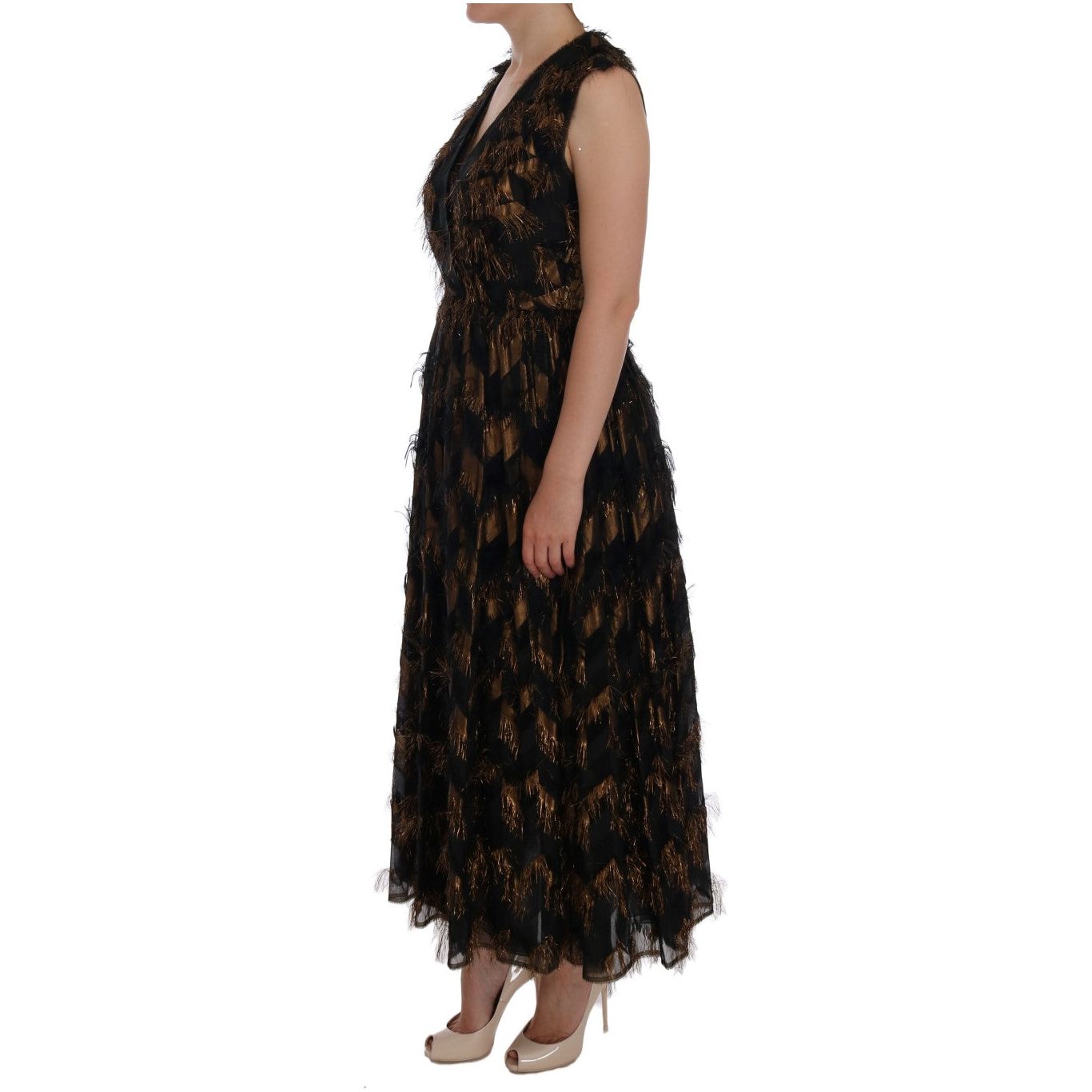 Dolce & Gabbana | Black Silk Brown Fringes A-Line Dress | McRichard Designer Brands