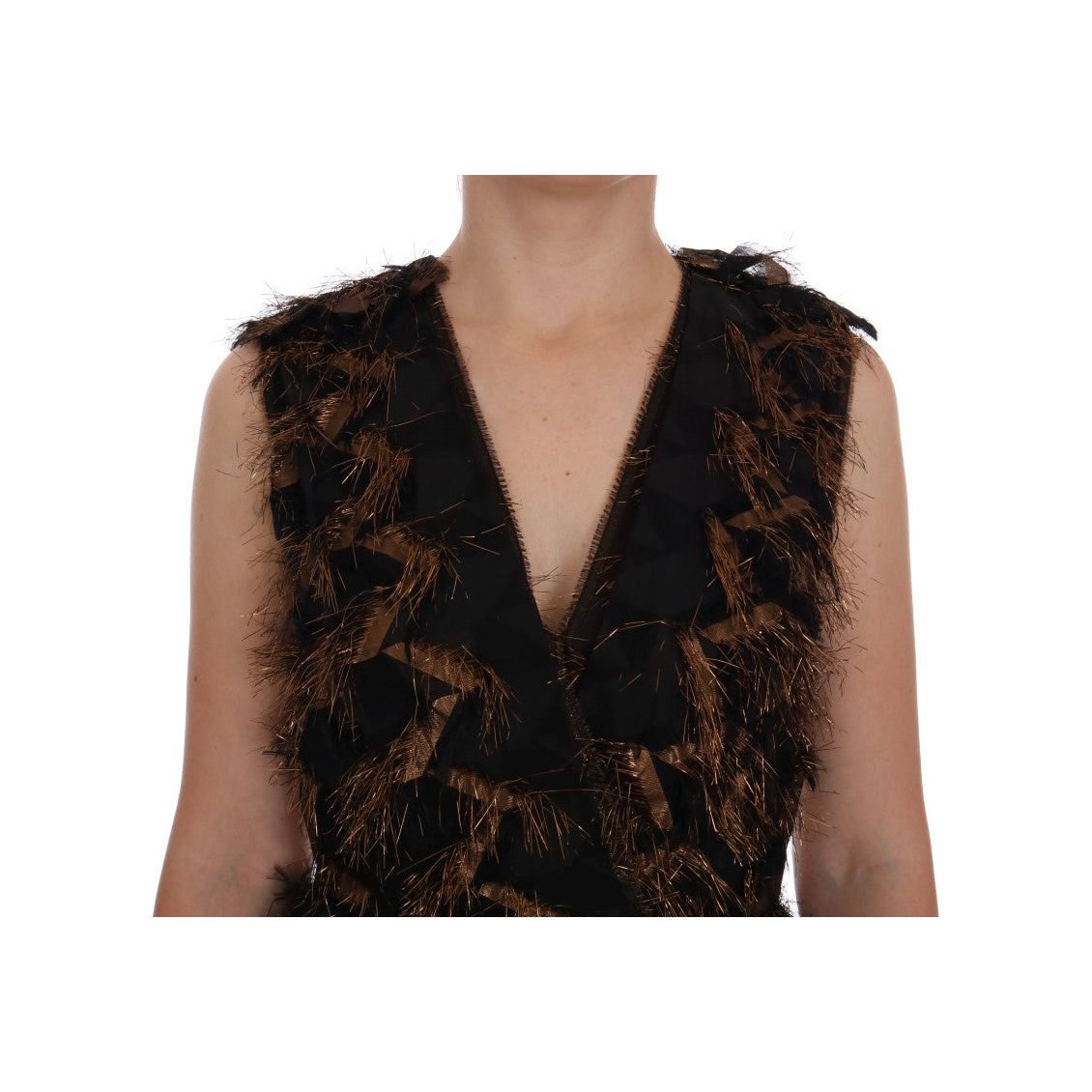 Dolce & Gabbana | Black Silk Brown Fringes A-Line Dress | McRichard Designer Brands