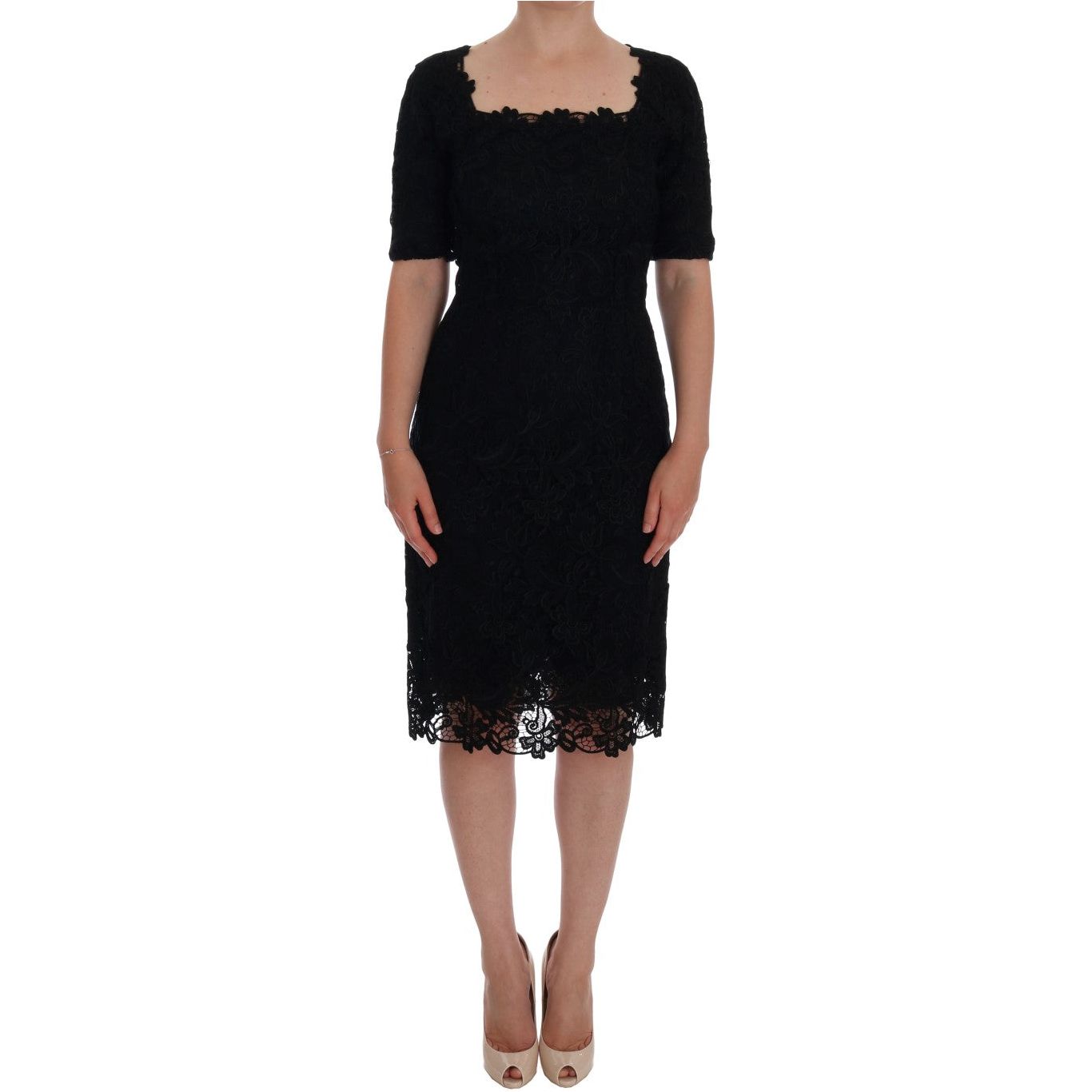 Dolce & Gabbana | Black Floral Ricamo Sheath Dress | McRichard Designer Brands