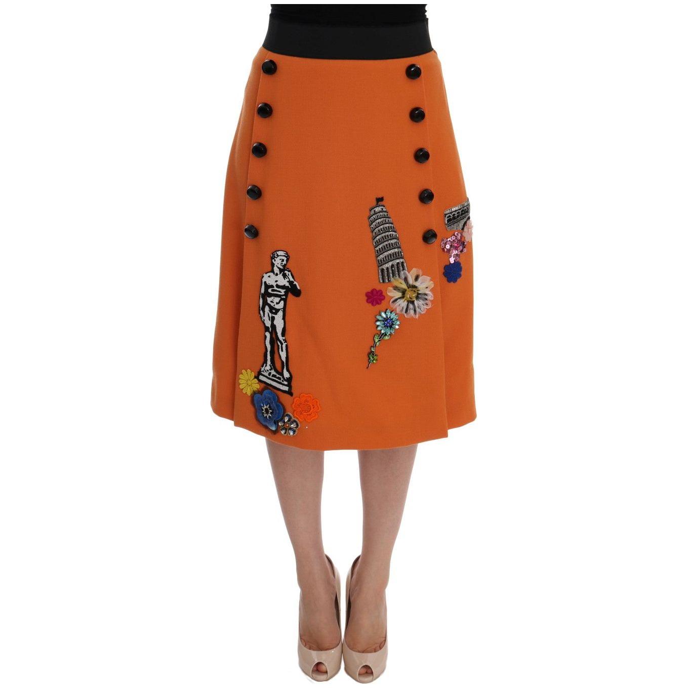 Dolce & Gabbana | Orange Wool Crystal Sequin Appliques Skirt | McRichard Designer Brands
