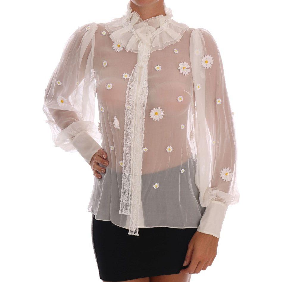 Dolce & Gabbana | White Daisy Applique Silk Shirt | McRichard Designer Brands