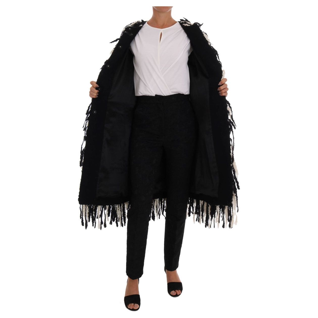 Dolce & Gabbana | Black White Fringes Coat Wool Coat | McRichard Designer Brands