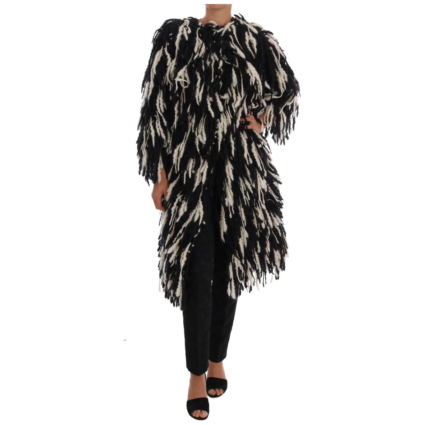 Dolce & Gabbana | Black White Fringes Coat Wool Coat | McRichard Designer Brands