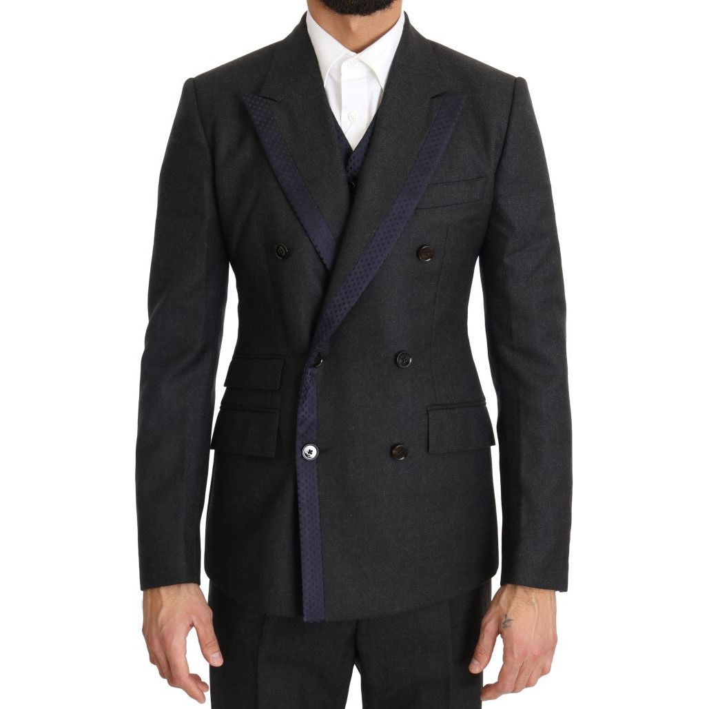 Dolce & Gabbana | Gray Wool Blue Silk Double Breasted Suit | McRichard Designer Brands