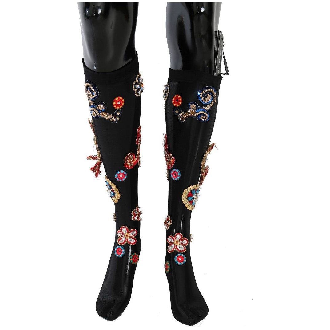 Dolce & Gabbana | Black Stretch Carretto Crystal Socks | McRichard Designer Brands
