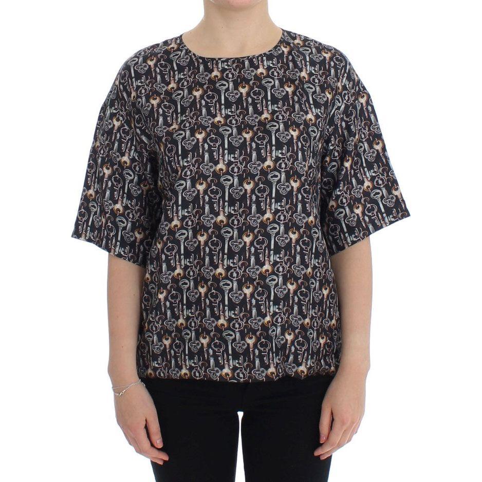 Dolce & Gabbana | Gray Gold Key Print Silk Blouse T-shirt | McRichard Designer Brands