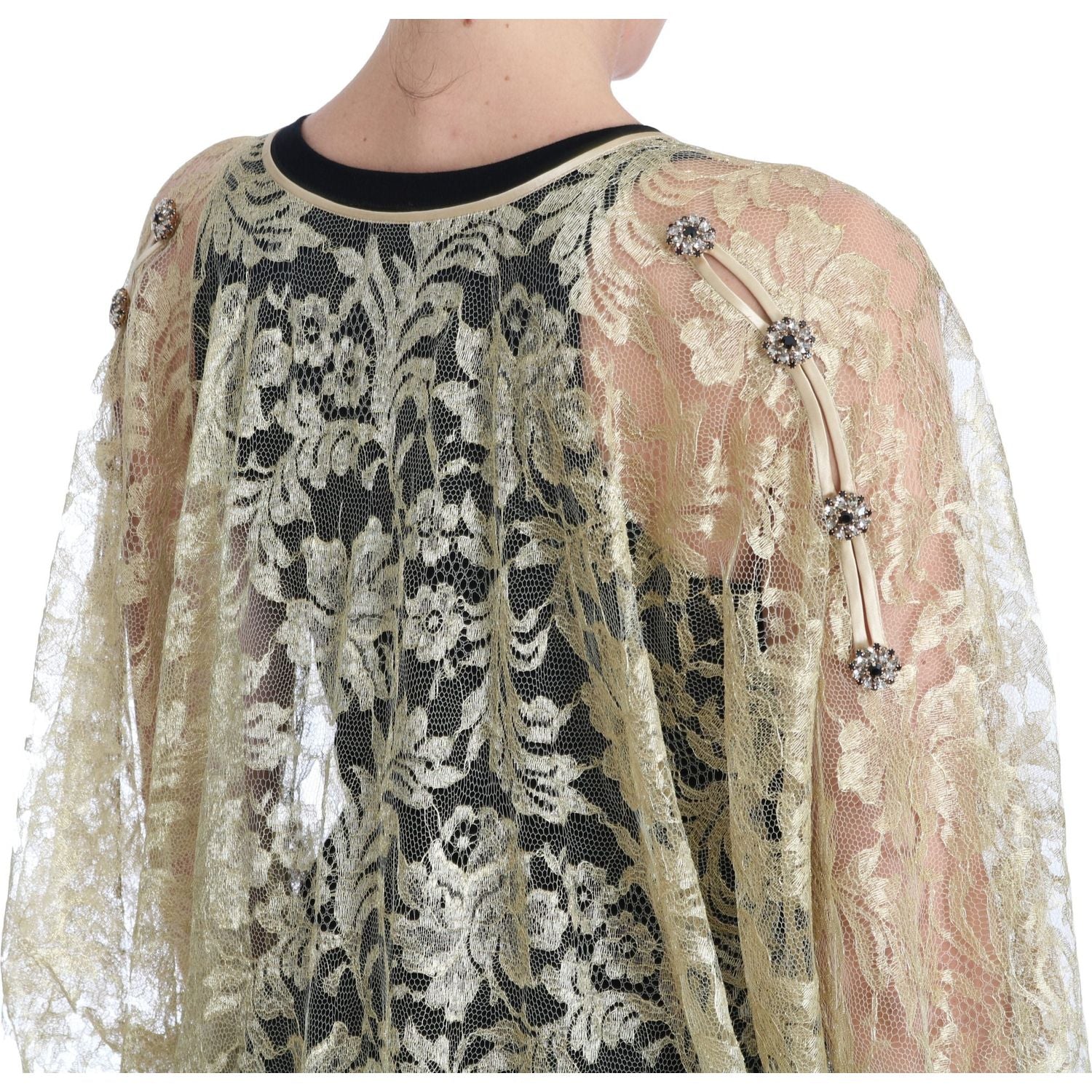 Dolce & Gabbana | Gold Floral Lace Crystal Gown Cape Dress | McRichard Designer Brands