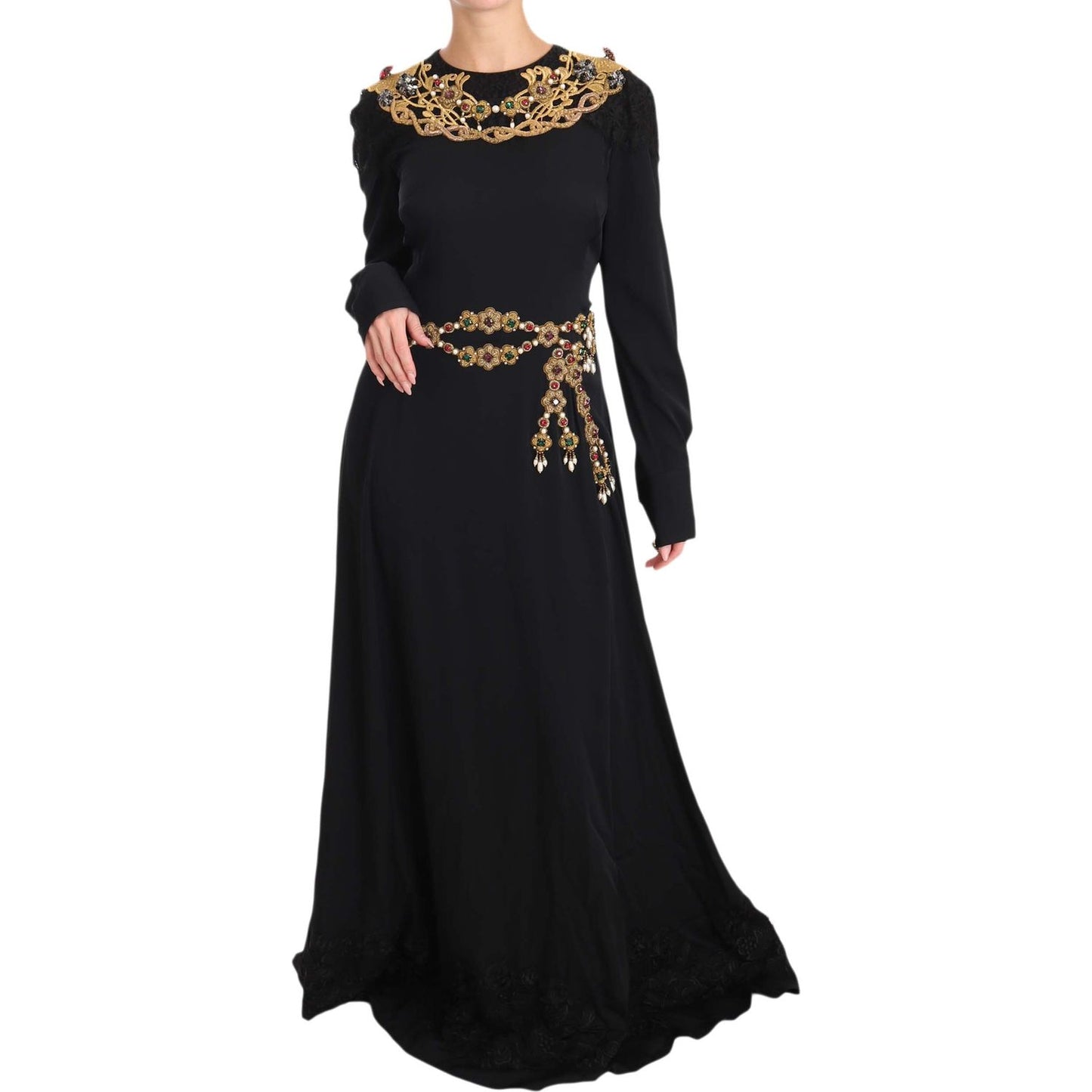 Dolce & Gabbana | Black Silk Stretch Gold Crystal Dress | McRichard Designer Brands