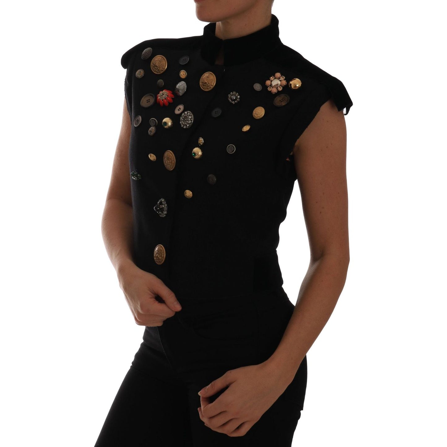 Dolce & Gabbana | Black Embellished Floral Military Jacket Vest | McRichard Designer Brands